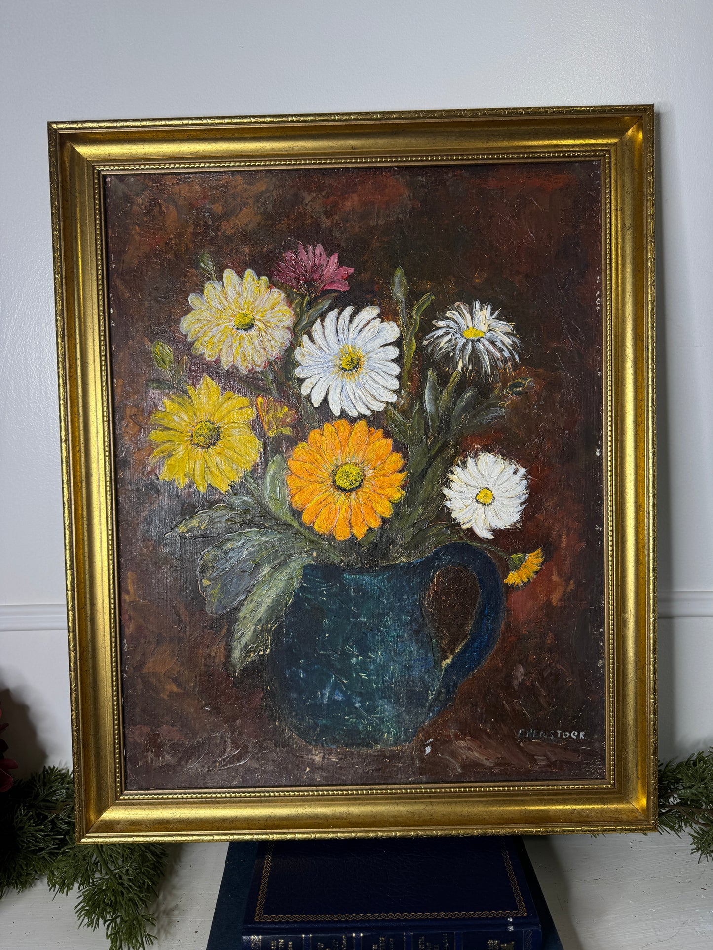 Vintage Floral Oil Painting by E. Henstock: Antique Gold Frame 56 x 46 cm