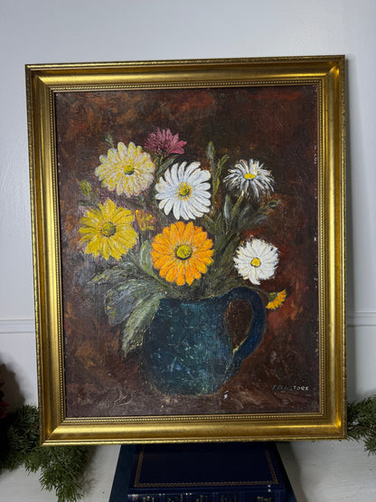 Vintage Floral Oil Painting by E. Henstock: Antique Gold Frame 56 x 46 cm