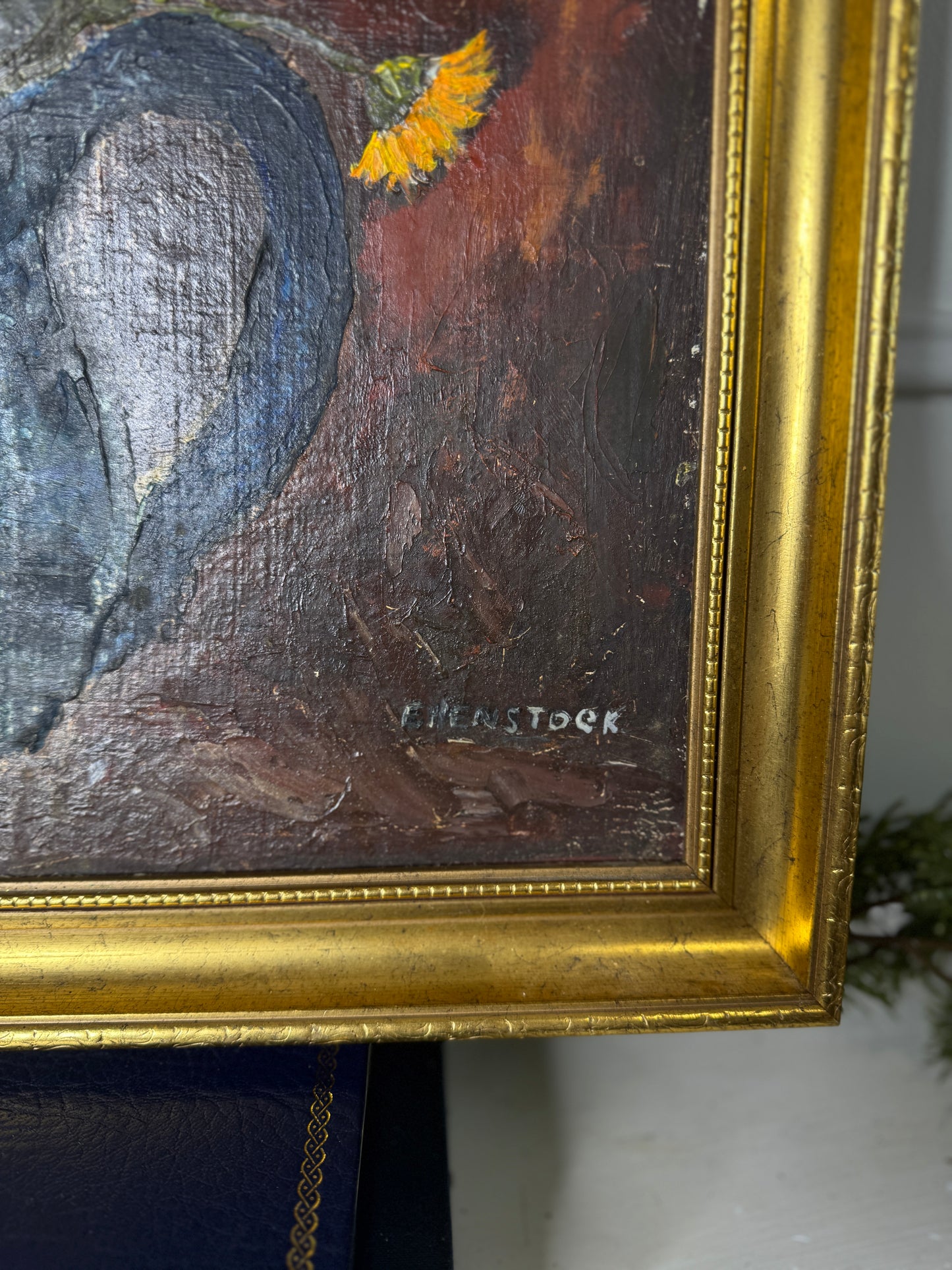 Vintage Floral Oil Painting by E. Henstock: Antique Gold Frame 56 x 46 cm