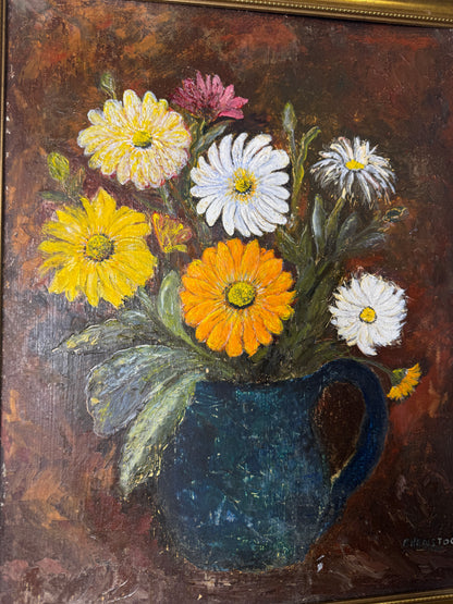 Vintage Floral Oil Painting by E. Henstock: Antique Gold Frame 56 x 46 cm