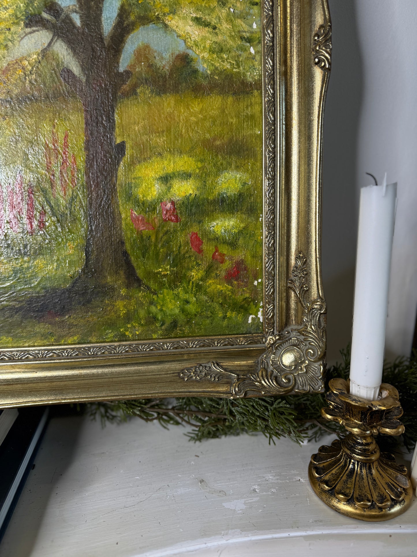 Vintage Large English Countryside Oil Painting by E. Henstock – Antique Gilt Frame