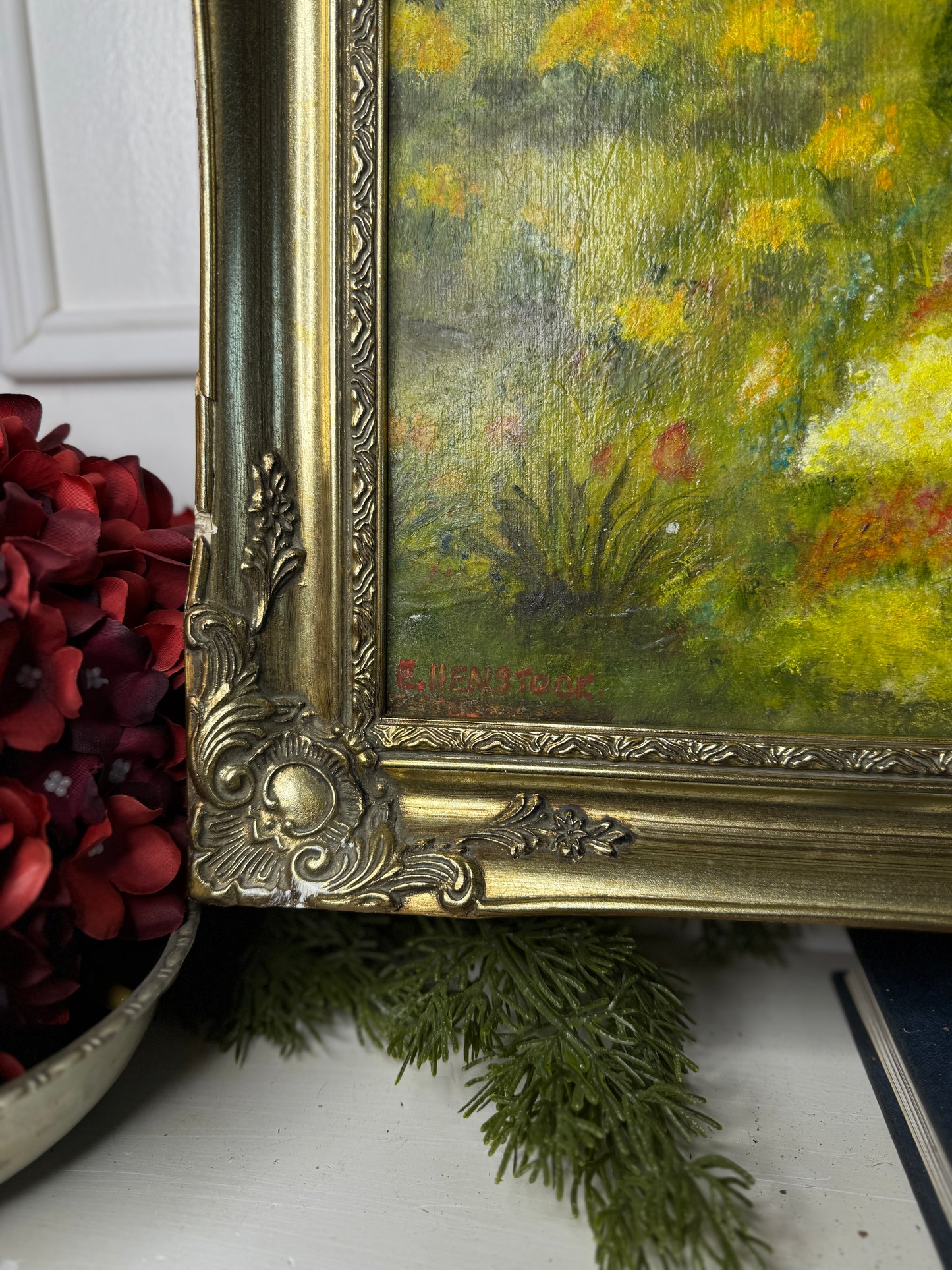 Vintage Large English Countryside Oil Painting by E. Henstock – Antique Gilt Frame