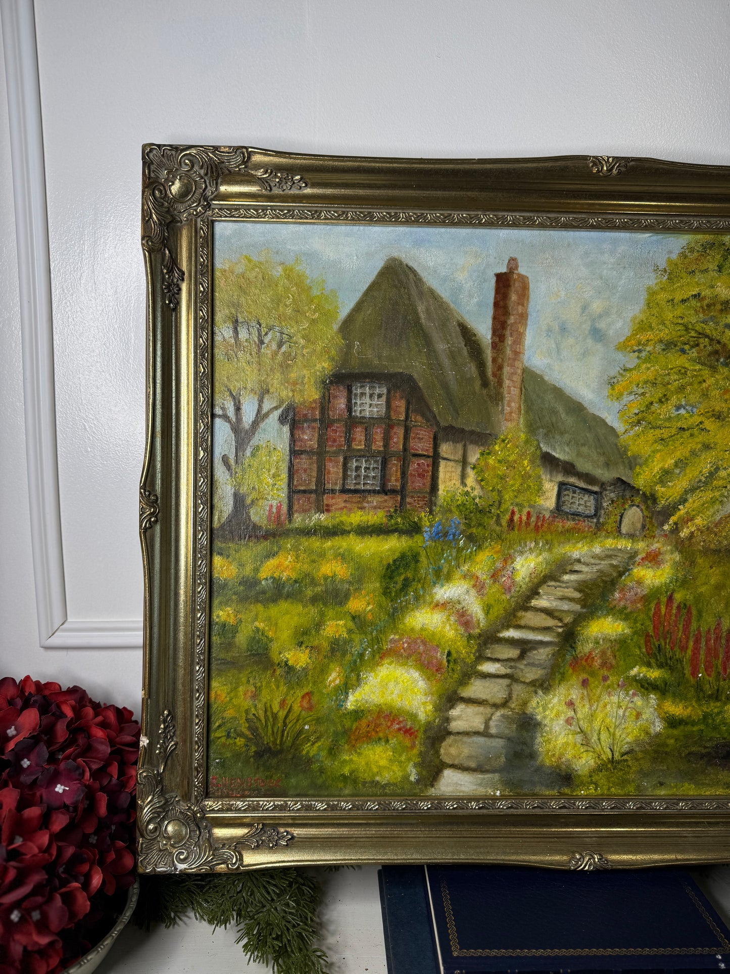 Vintage Large English Countryside Oil Painting by E. Henstock – Antique Gilt Frame