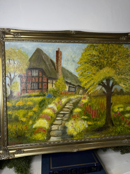 Vintage Large English Countryside Oil Painting by E. Henstock – Antique Gilt Frame