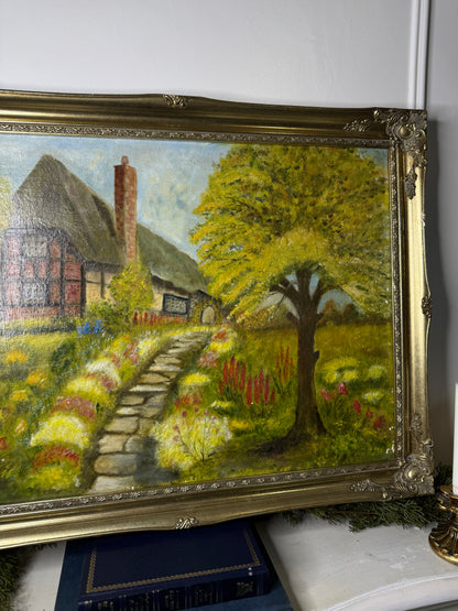 Vintage Large English Countryside Oil Painting by E. Henstock – Antique Gilt Frame