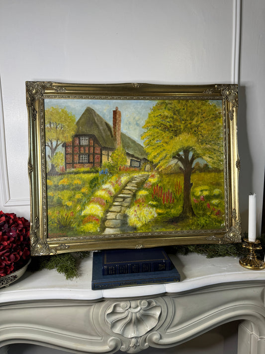 Vintage Large English Countryside Oil Painting by E. Henstock – Antique Gilt Frame