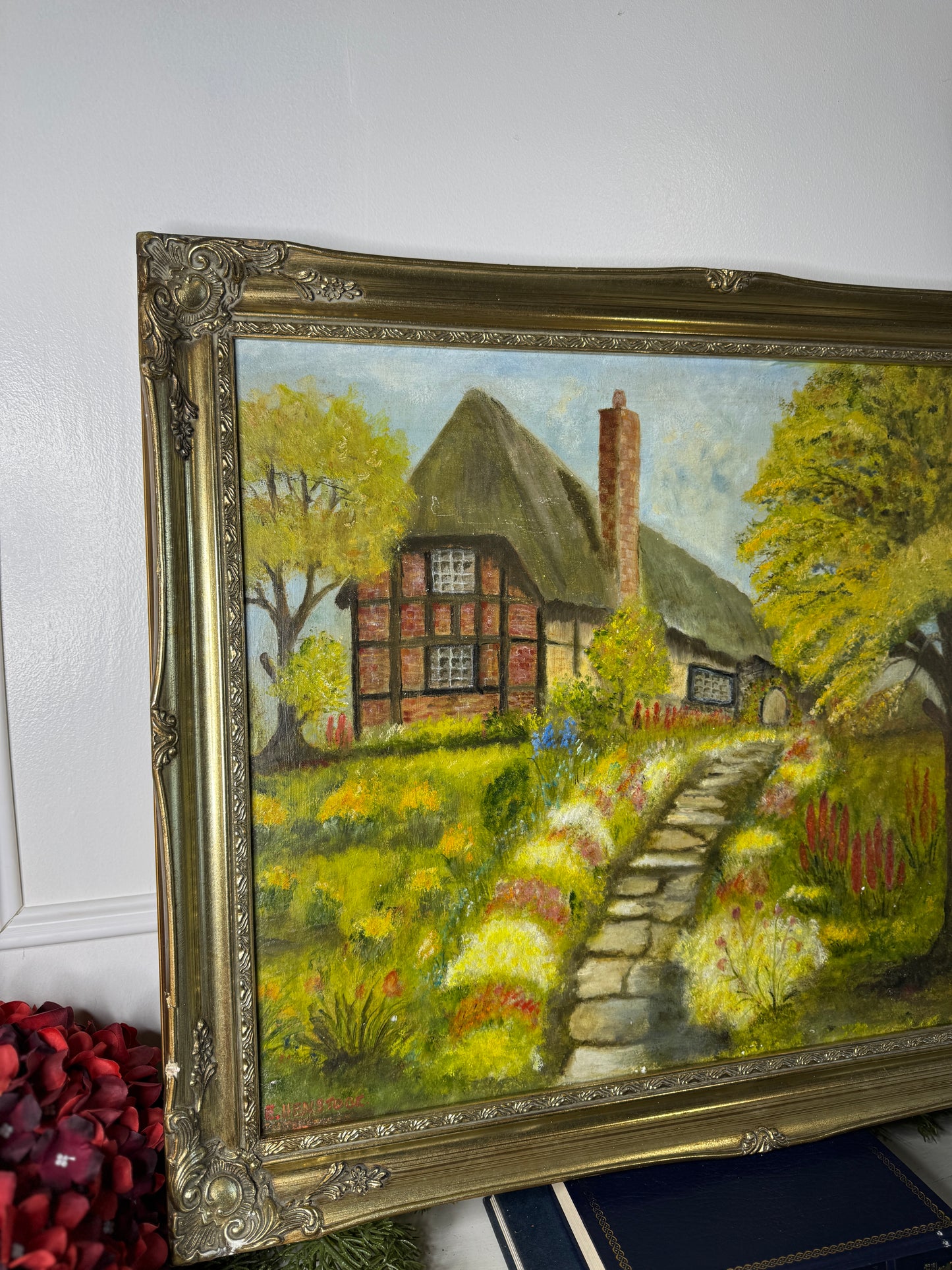 Vintage Large English Countryside Oil Painting by E. Henstock – Antique Gilt Frame