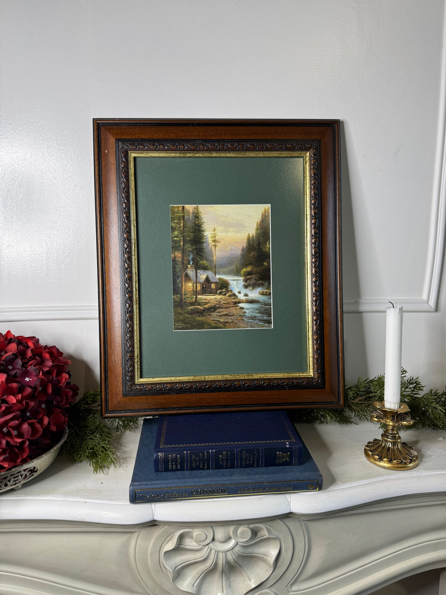 Thomas Kinkade – Framed Print with Green Mount in Wooden Frame: Evening in the forest '95