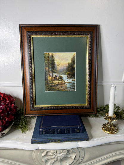 Thomas Kinkade – Framed Print with Green Mount in Wooden Frame: Evening in the forest '95