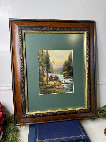 Thomas Kinkade – Framed Print with Green Mount in Wooden Frame: Evening in the forest '95