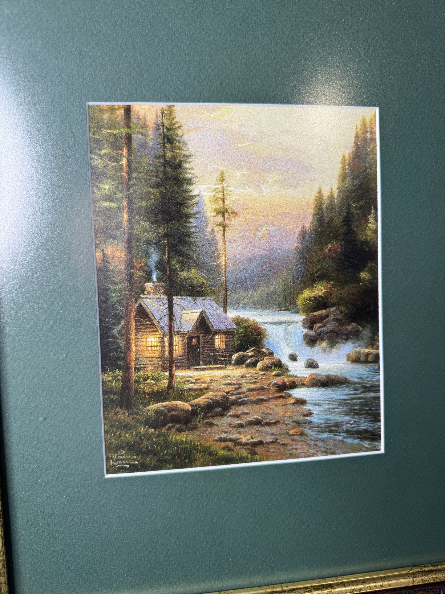 Thomas Kinkade – Framed Print with Green Mount in Wooden Frame: Evening in the forest '95