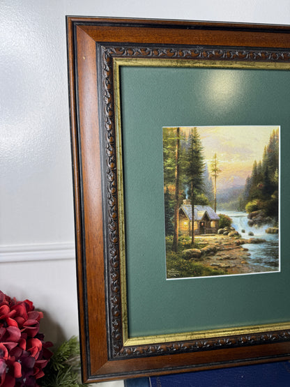 Thomas Kinkade – Framed Print with Green Mount in Wooden Frame: Evening in the forest '95