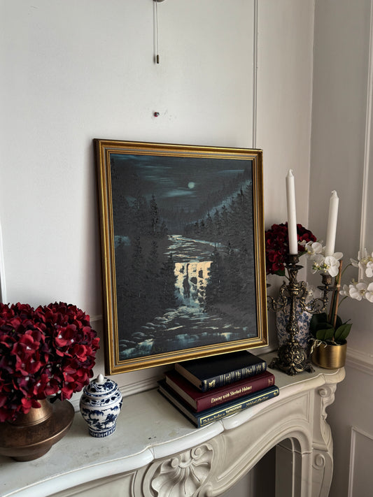 Golden Horizon – Signed Vintage Oil Painting in Blue-Trimmed Gilt Frame