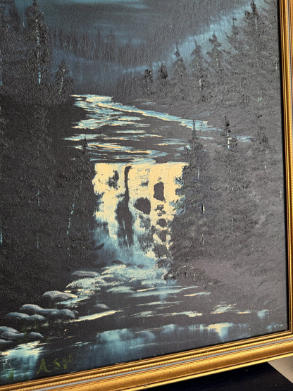 Golden Horizon – Signed Vintage Oil Painting in Blue-Trimmed Gilt Frame