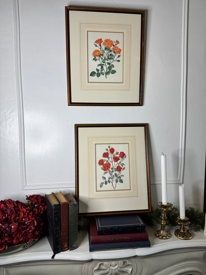 Vintage Signed Print Art Set in Matching Wooden Glazed Frame Pair