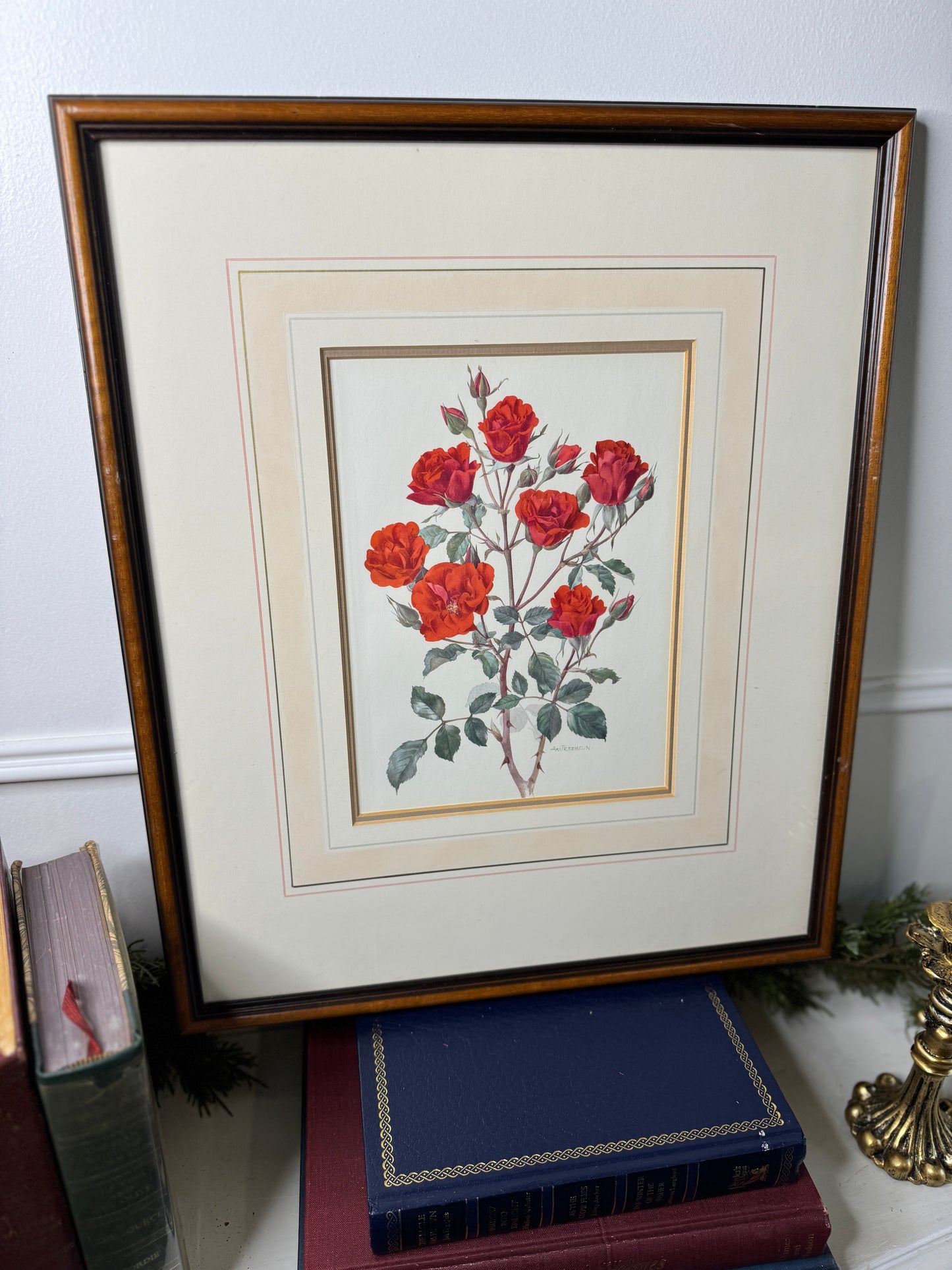 Vintage Signed Print Art Set in Matching Wooden Glazed Frame Pair