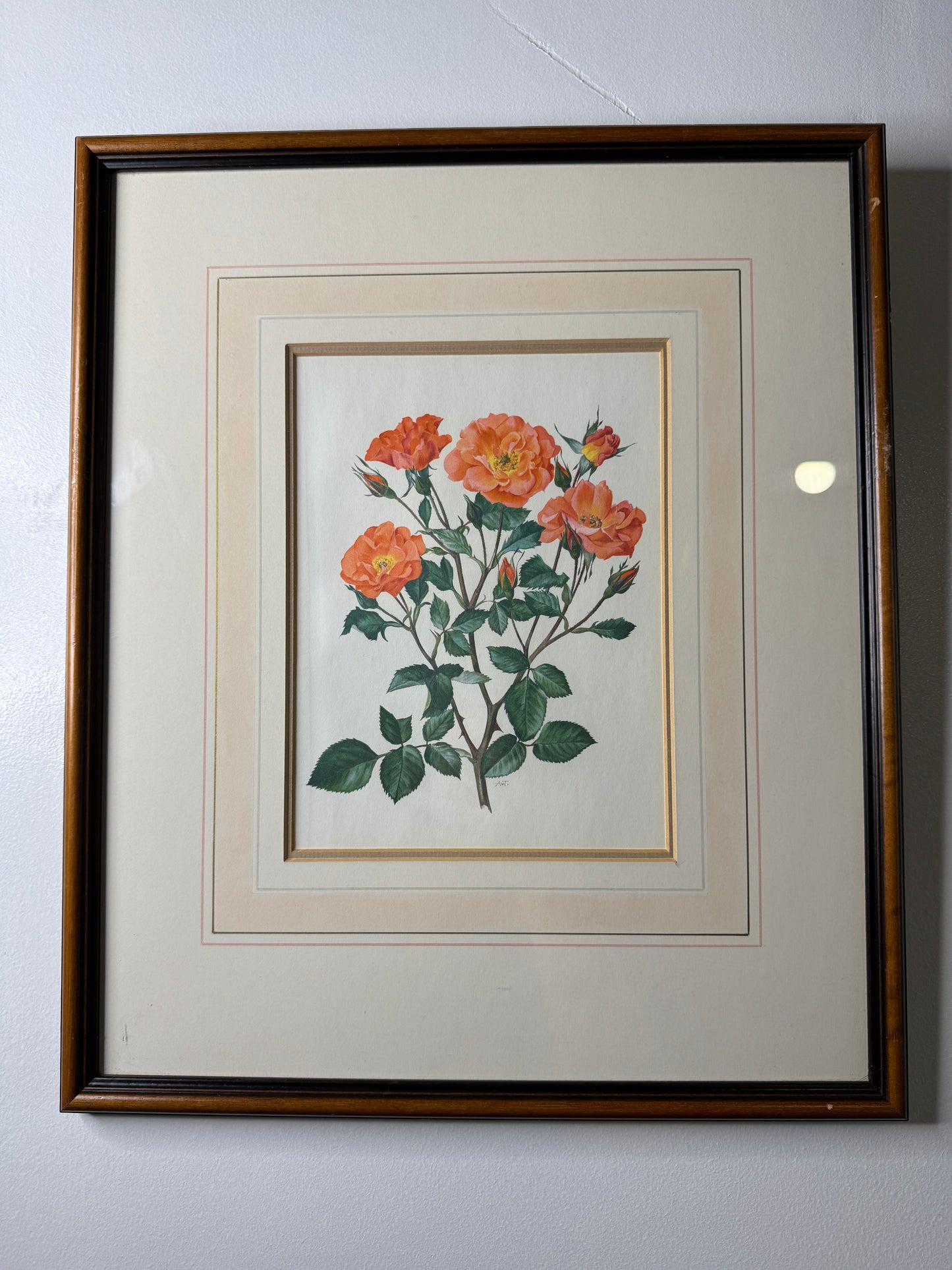 Vintage Signed Print Art Set in Matching Wooden Glazed Frame Pair