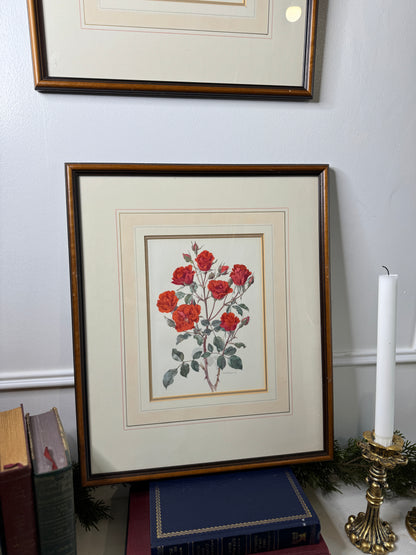 Vintage Signed Print Art Set in Matching Wooden Glazed Frame Pair