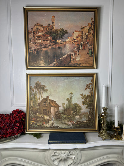 Vintage Canvas Print Reproductions after Franz Richard Unterberger – Matching Pair in Gold Gilt Frames