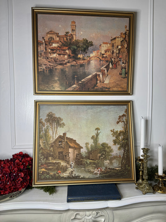 Vintage Canvas Print Reproductions after Franz Richard Unterberger – Matching Pair in Gold Gilt Frames