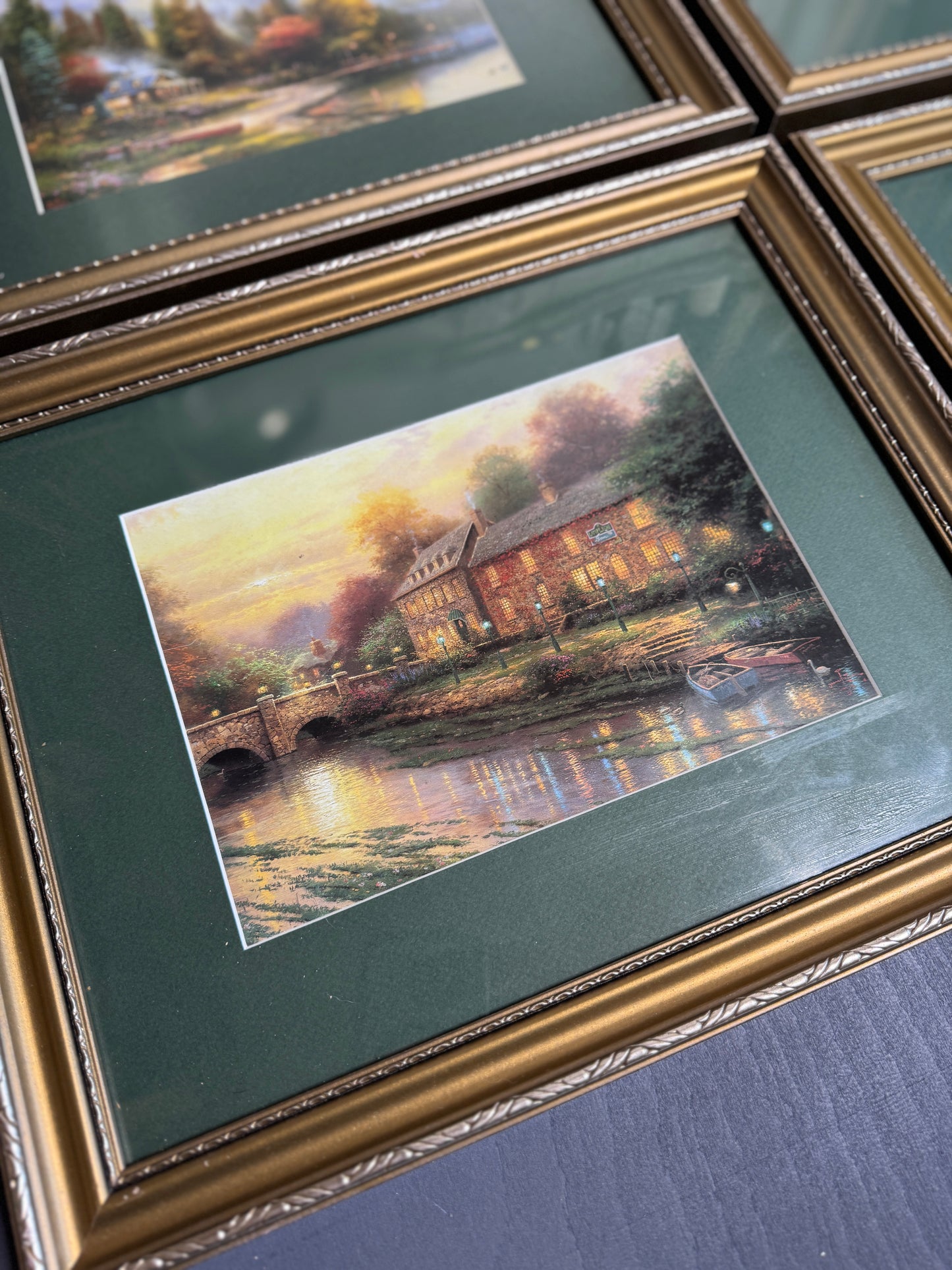 Thomas Kinkade – Framed Print Gallery Wall Set with Green Mounts in Gold Frames