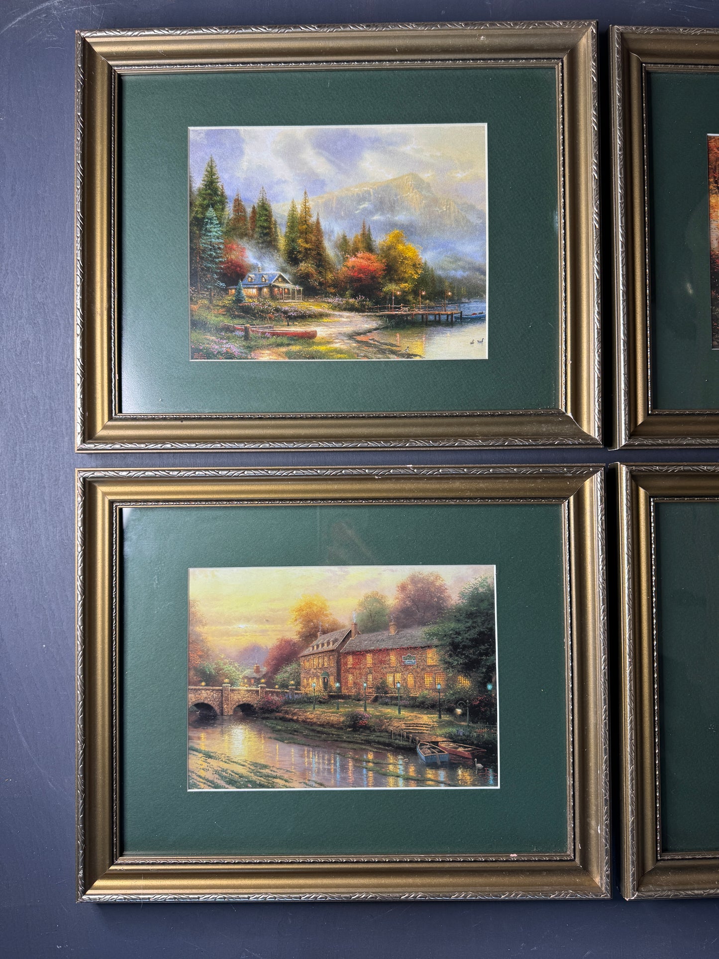 Thomas Kinkade – Framed Print Gallery Wall Set with Green Mounts in Gold Frames
