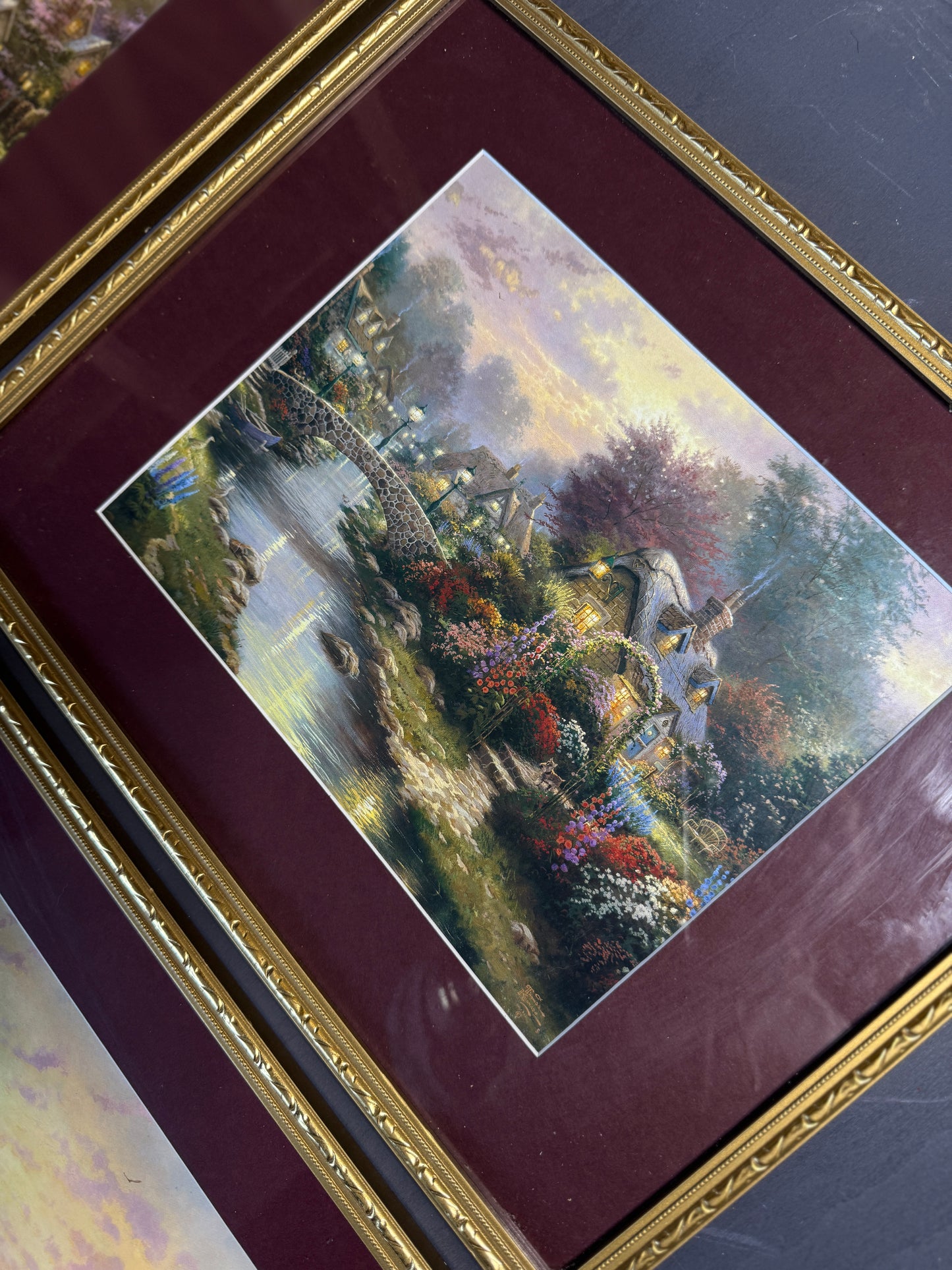 Thomas Kinkade – Framed Print Gallery Wall Set with Burgundy Mount in Gold Frame