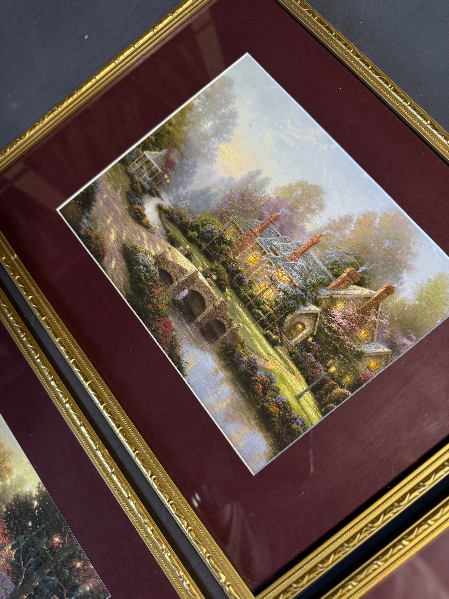 Thomas Kinkade – Framed Print Gallery Wall Set with Burgundy Mount in Gold Frame