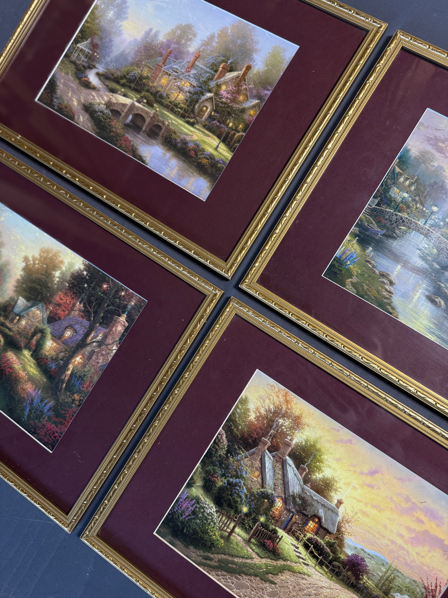 Thomas Kinkade – Framed Print Gallery Wall Set with Burgundy Mount in Gold Frame