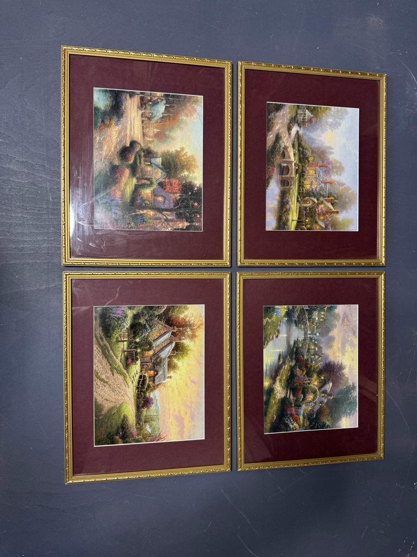 Thomas Kinkade – Framed Print Gallery Wall Set with Burgundy Mount in Gold Frame
