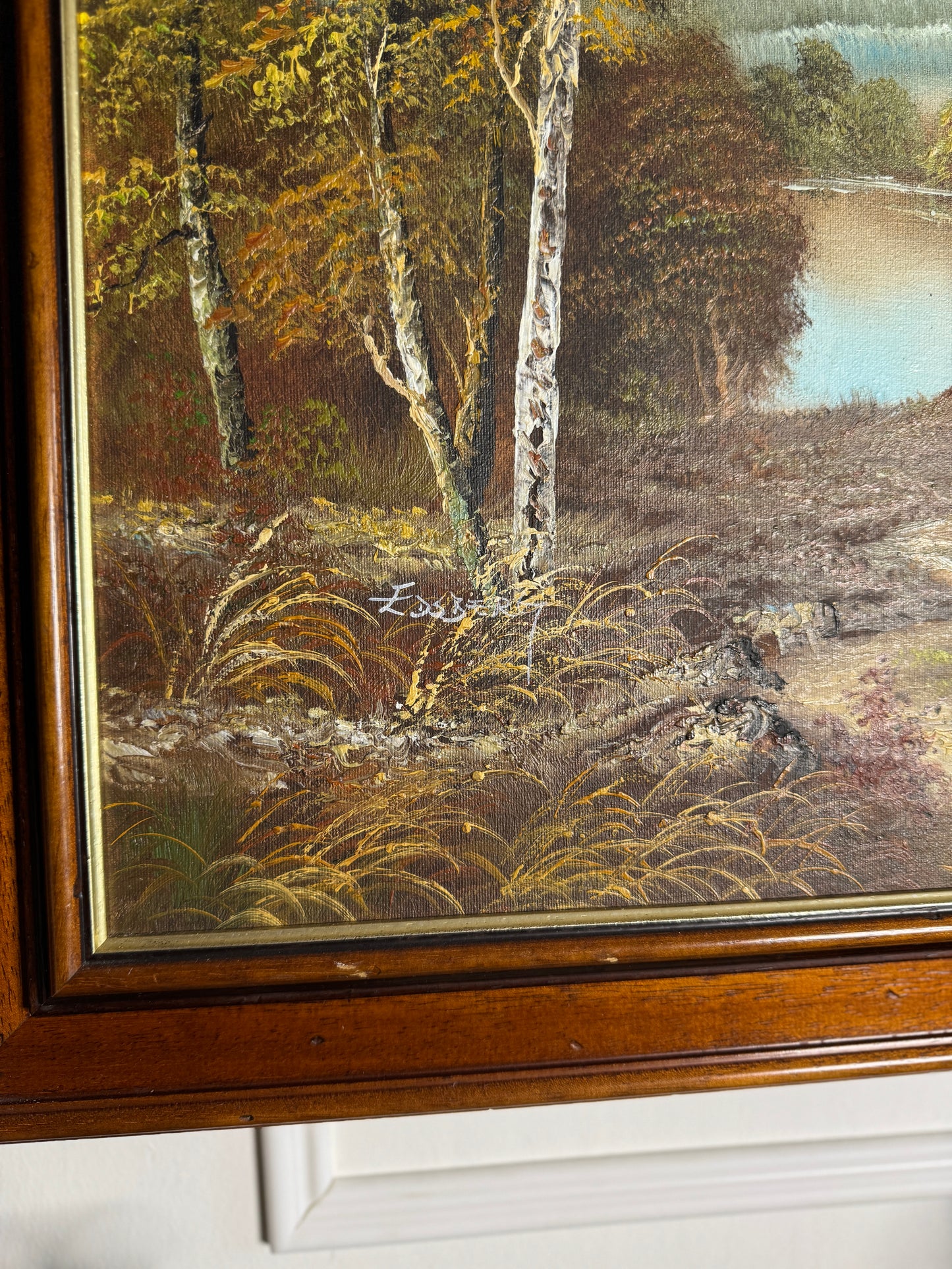 Large Original Signed Oil Painting in Wooden Frame - Lakeside Reflections