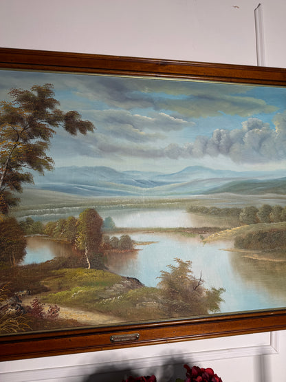 Large Original Signed Oil Painting in Wooden Frame - Lakeside Reflections