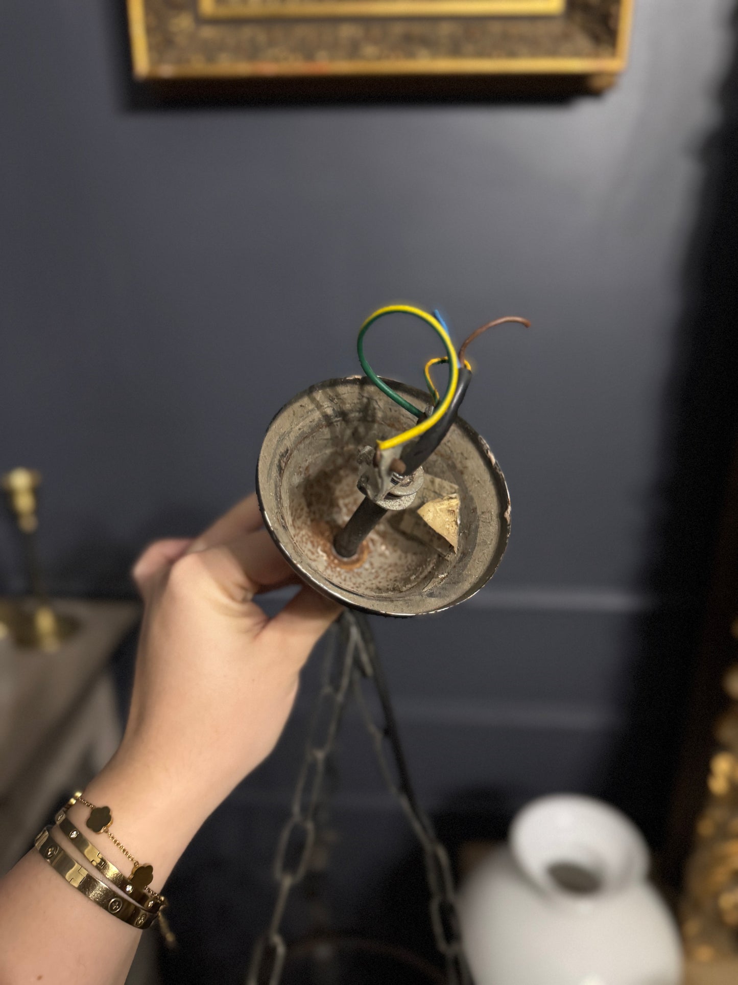 Antique Cast Iron Mid-Century Country Lantern Lights with White Opaque Glass – English Manor Style (Matching Pair)