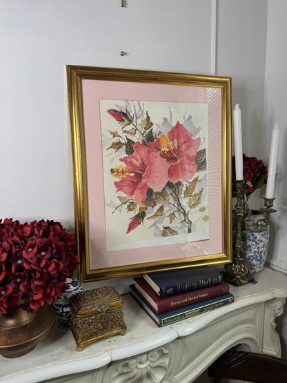 Elegant Petals – Large Vintage Watercolour with Gold Frame