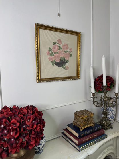 Blush & Bloom – Vintage Embroidered Pink Bouquet in Gilt Frame