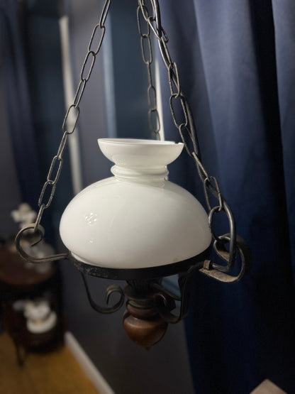 Antique Cast Iron Mid-Century Country Lantern Lights with White Opaque Glass – English Manor Style (Matching Pair)