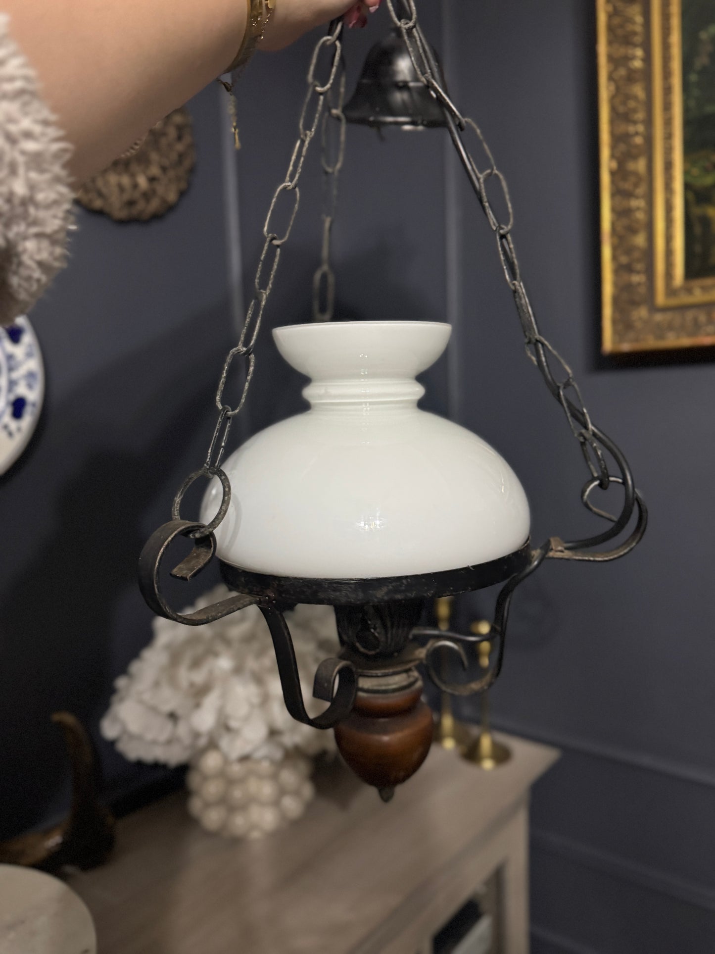 Antique Cast Iron Mid-Century Country Lantern Lights with White Opaque Glass – English Manor Style (Matching Pair)