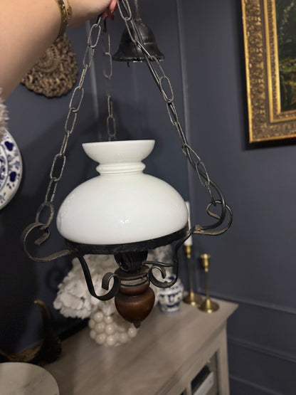 Antique Cast Iron Mid-Century Country Lantern Lights with White Opaque Glass – English Manor Style (Matching Pair)