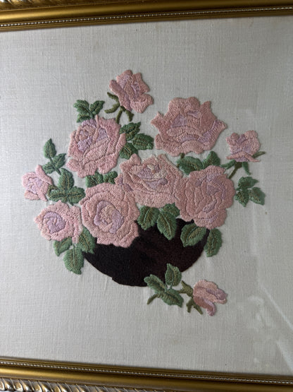 Blush & Bloom – Vintage Embroidered Pink Bouquet in Gilt Frame