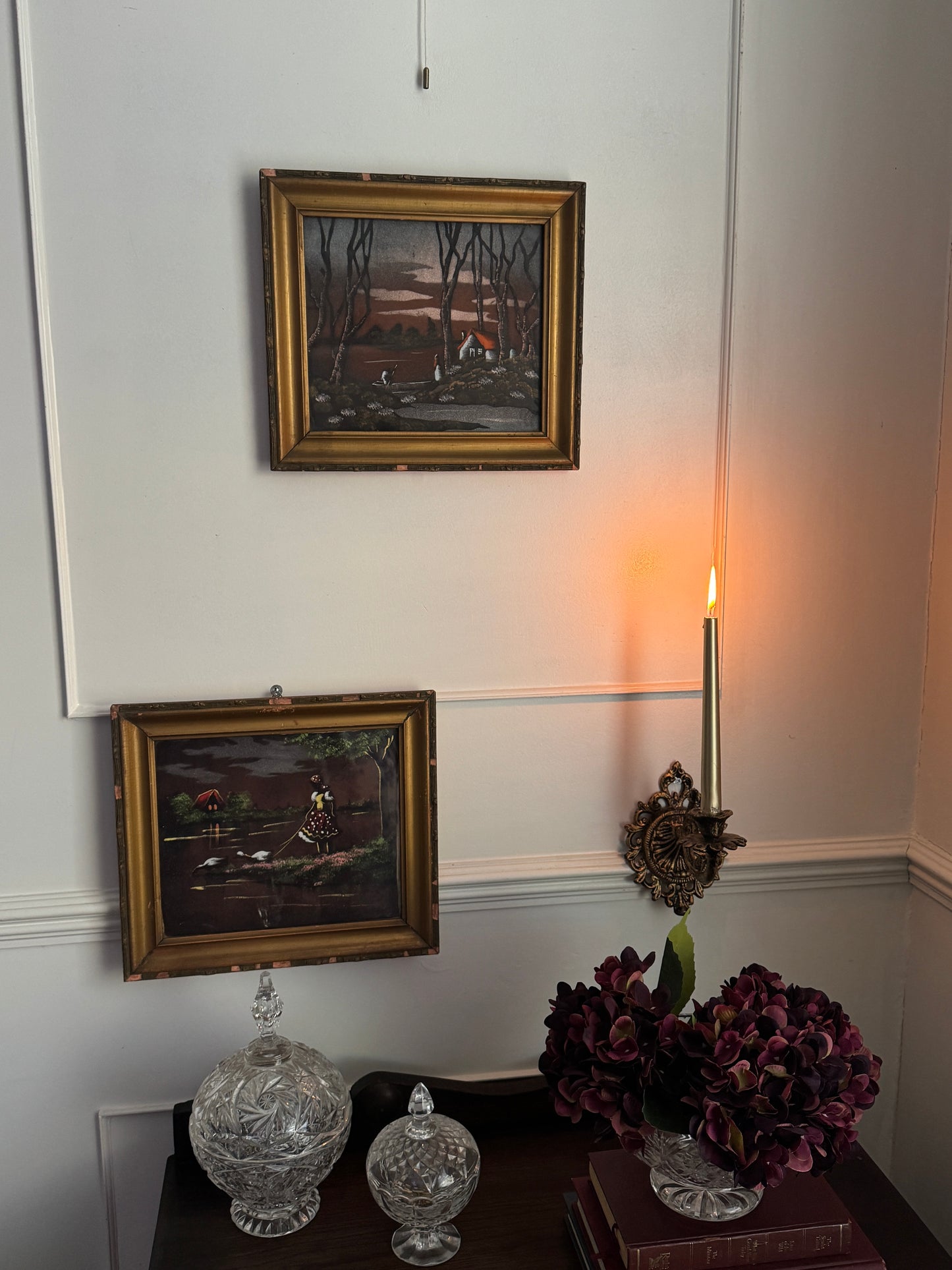 Hungarian Textile Artwork Set in Gold Gilt Frames – Antique Pair (c. 1950s)