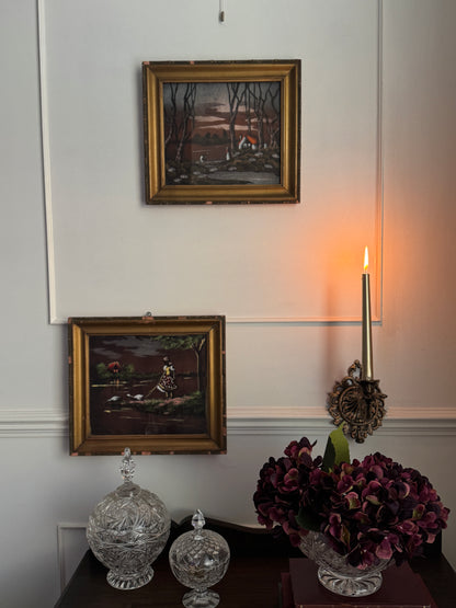 Hungarian Textile Artwork Set in Gold Gilt Frames – Antique Pair (c. 1950s)