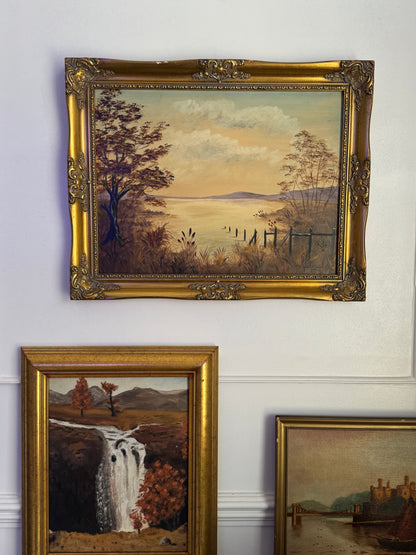 Signed Vintage Oil Painting in a Gold Gilt Frame - The Lake by M. Lonsdale (1969)