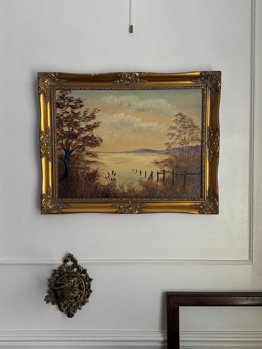 Signed Vintage Oil Painting in a Gold Gilt Frame - The Lake by M. Lonsdale (1969)