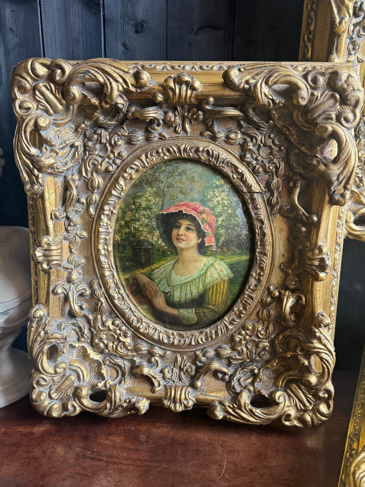 Antique 19th Century Oil Paintings – Rococo Gesso Frames, Convex Wood Panels