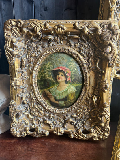 Antique 19th Century Oil Paintings – Rococo Gesso Frames, Convex Wood Panels