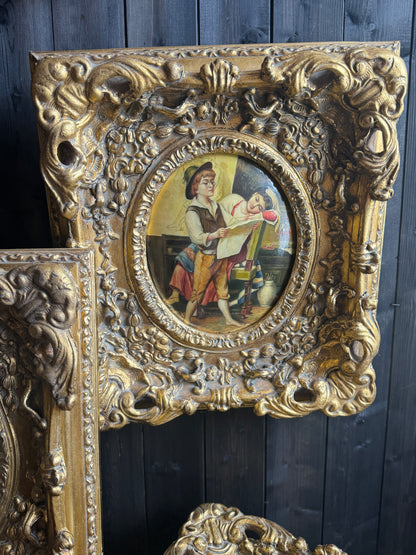 Antique 19th Century Oil Paintings – Rococo Gesso Frames, Convex Wood Panels