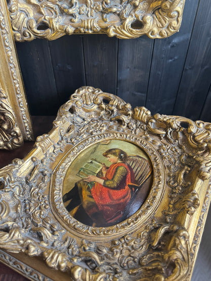 Antique 19th Century Oil Paintings – Rococo Gesso Frames, Convex Wood Panels