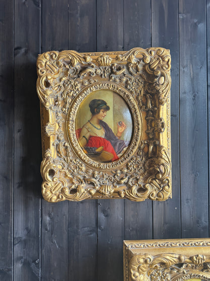 Antique 19th Century Oil Paintings – Rococo Gesso Frames, Convex Wood Panels