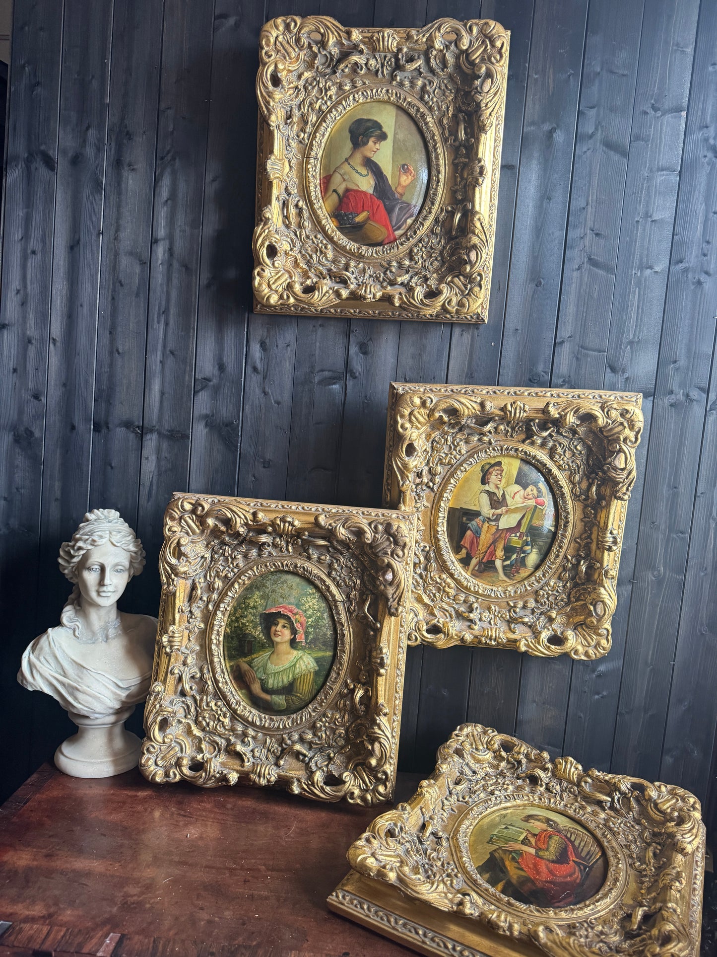 Antique 19th Century Oil Paintings – Rococo Gesso Frames, Convex Wood Panels