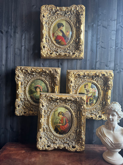 Antique 19th Century Oil Paintings – Rococo Gesso Frames, Convex Wood Panels